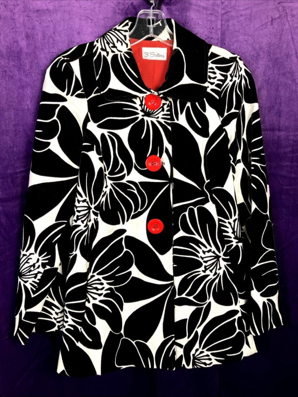C 2010 3 Sisters Big Button Velvet Damask Coat Floral Black White